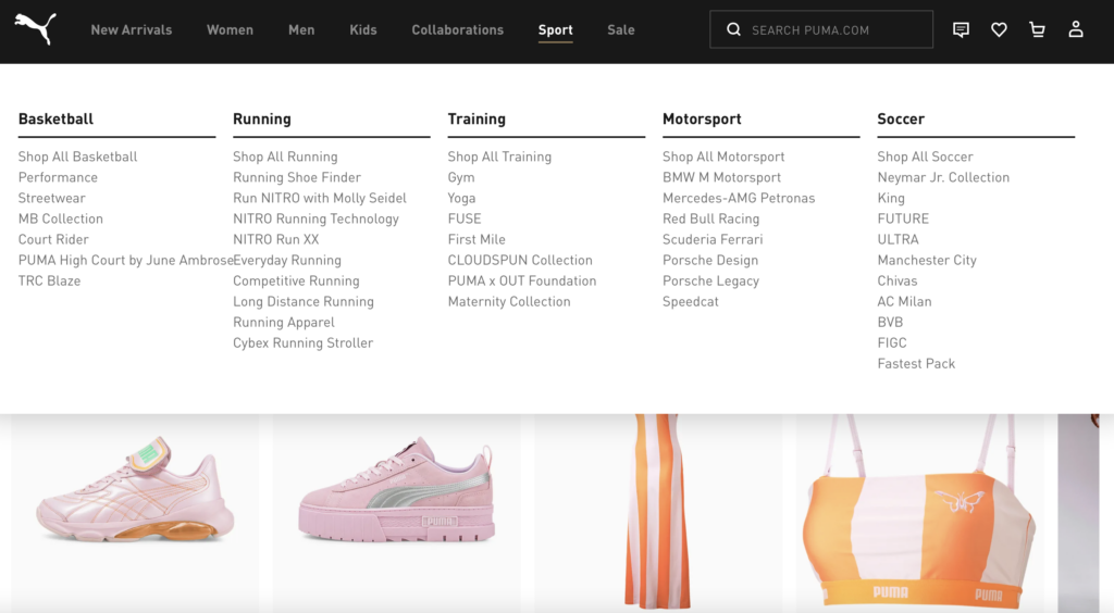 Example of a mega menu on an e-commerce site
