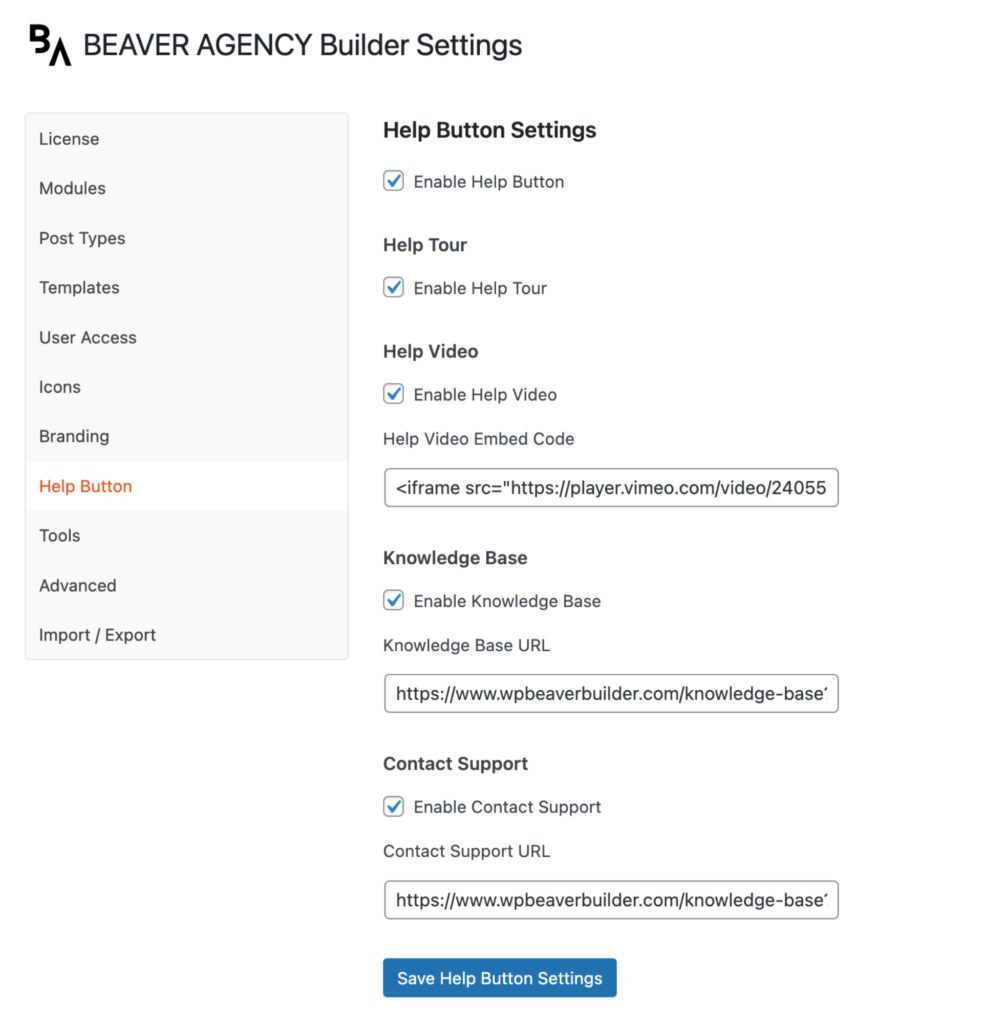 Beaver Builder white label help button settings