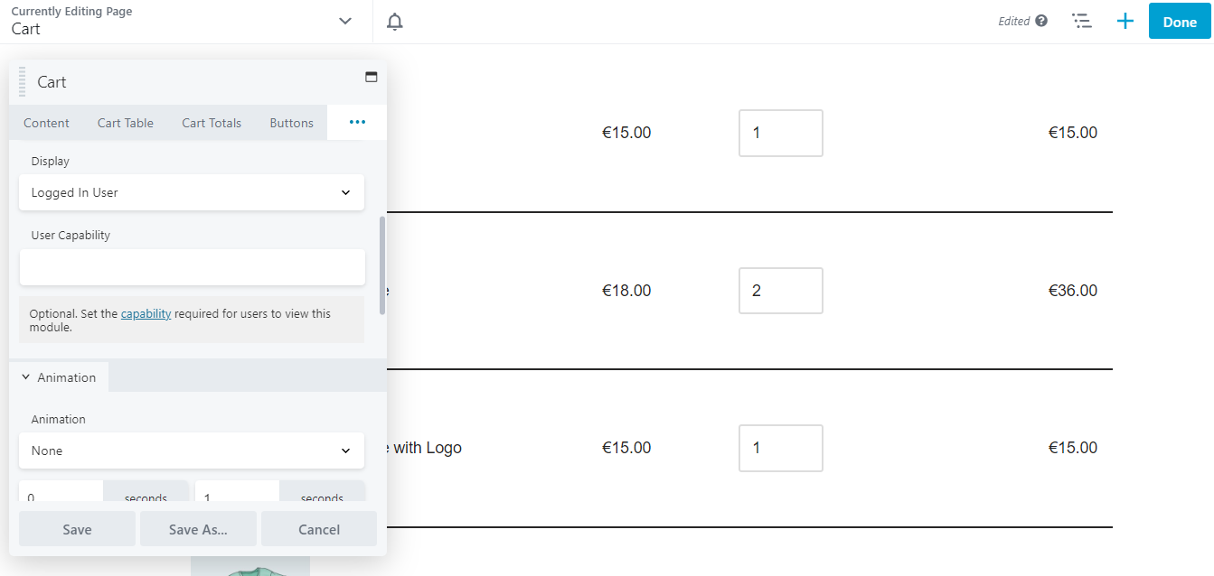 The Advanced settings for the Cart Module. 