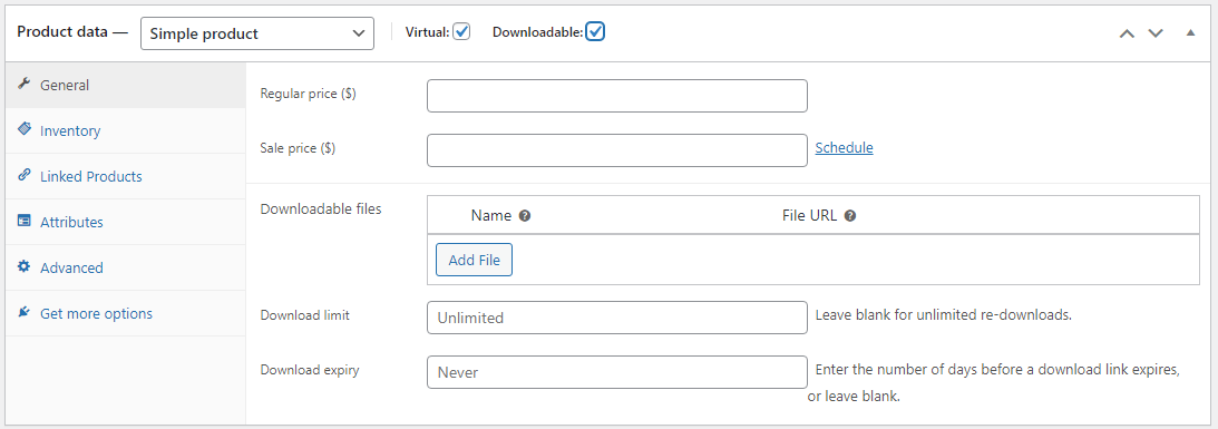 Virtual and downloadable options in Product data section