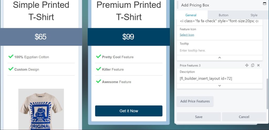 Using a Beaver Builder shortcode to add a product image to a pricing table. 