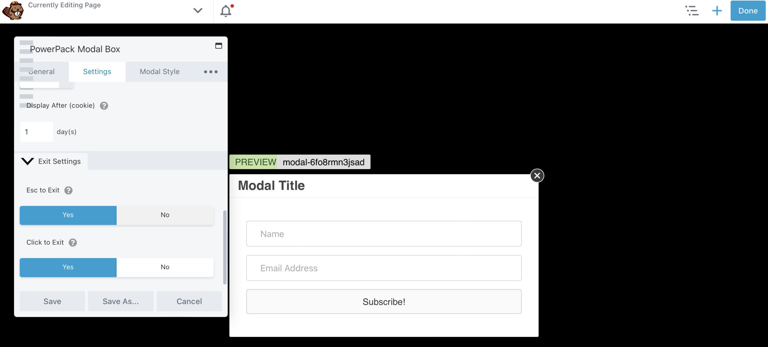Editing the settings of the modal box in Beaver Builder