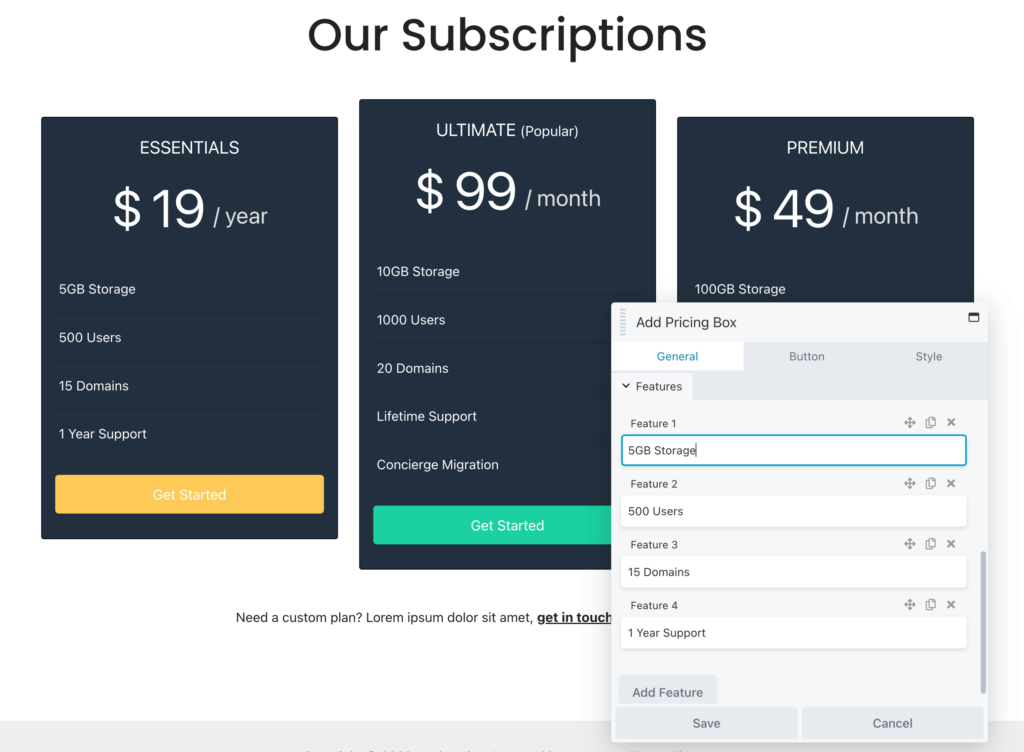Pricing table features