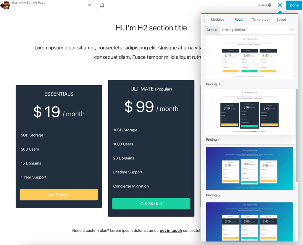 Pricing table rows