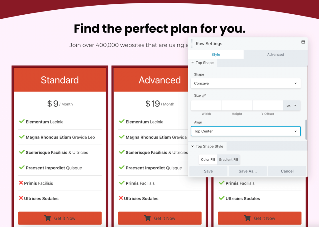 Pricing template shape