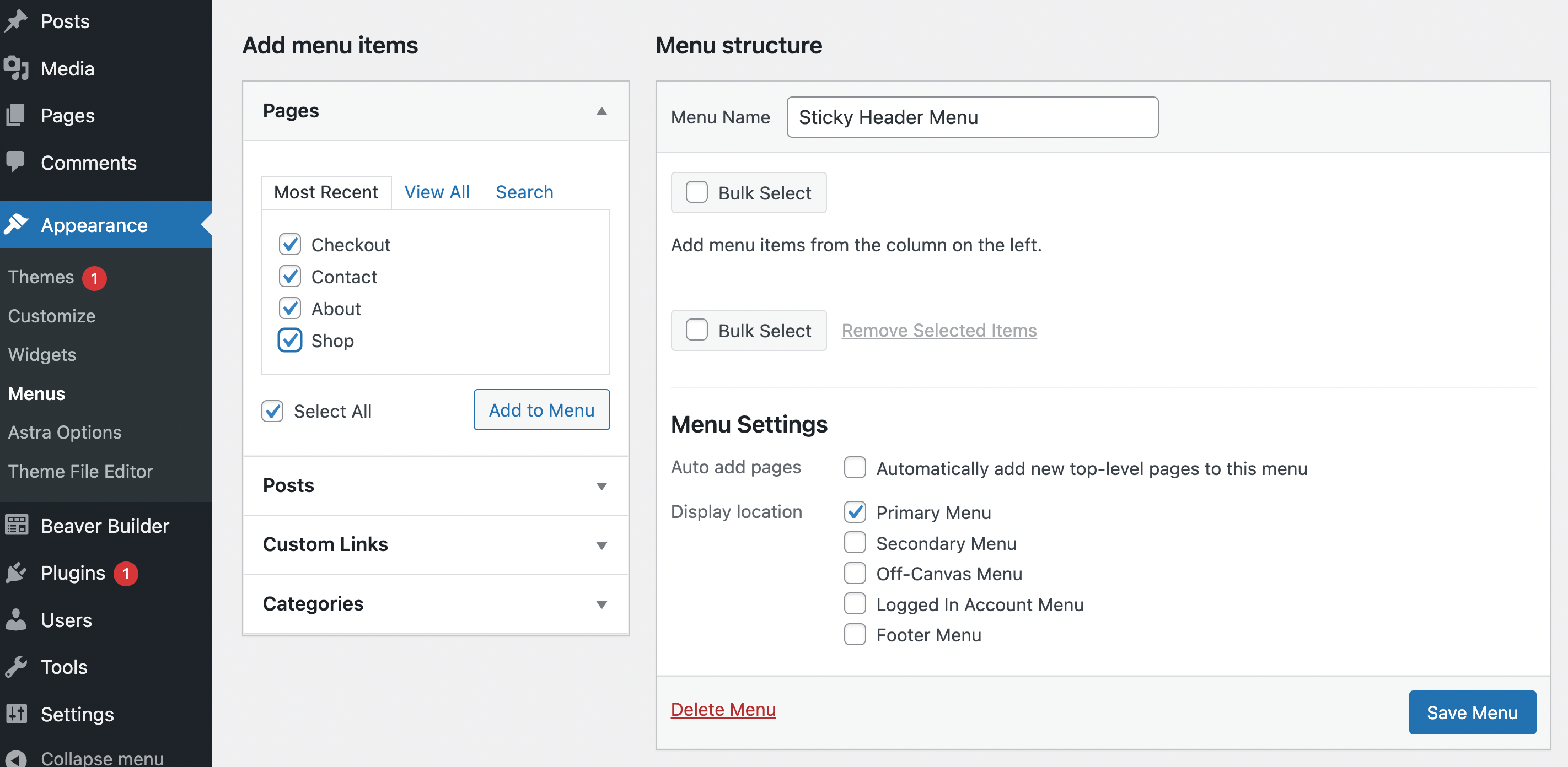 Adding pages to a menu