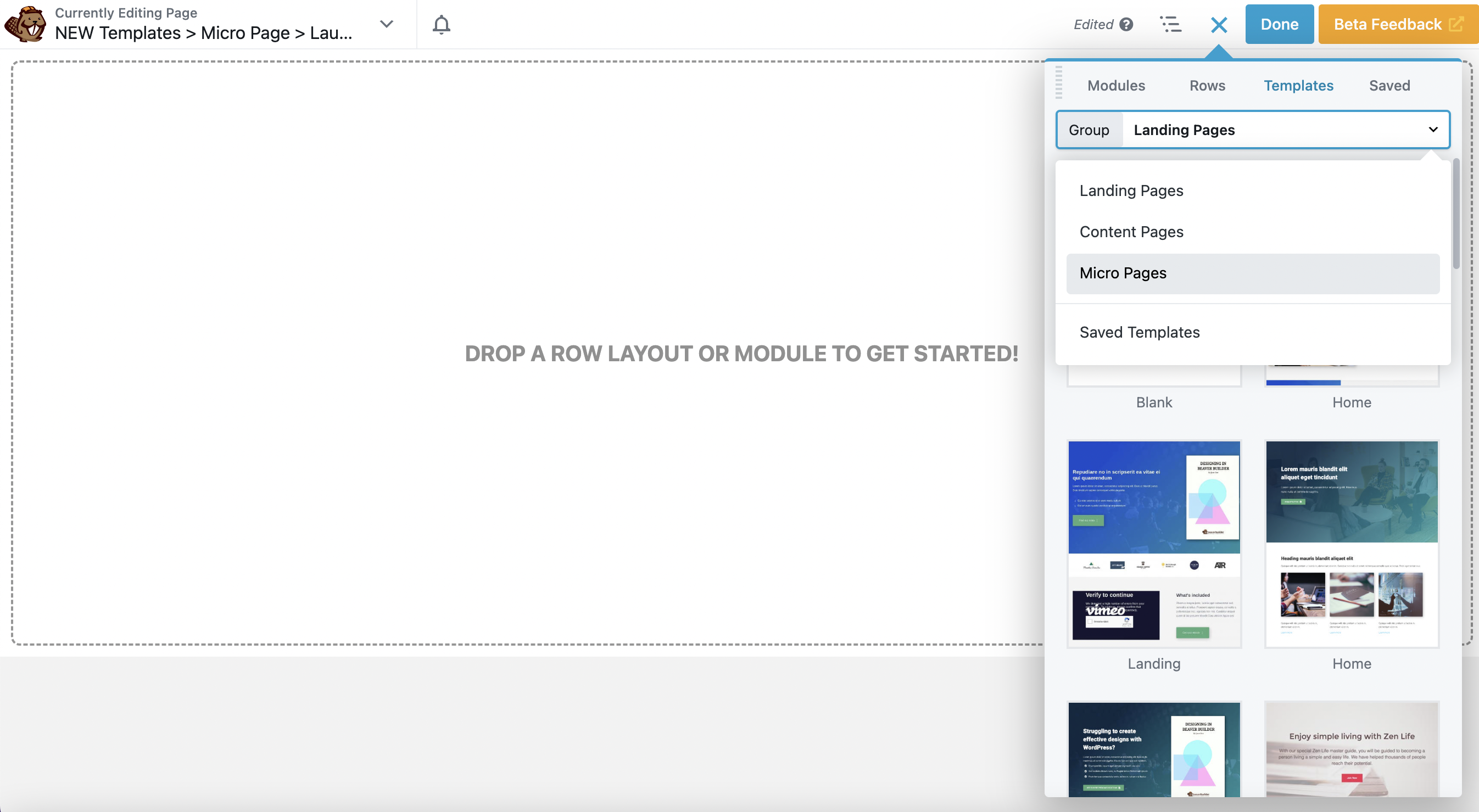 beaver builder add new template landing pages, content pages or micro pages