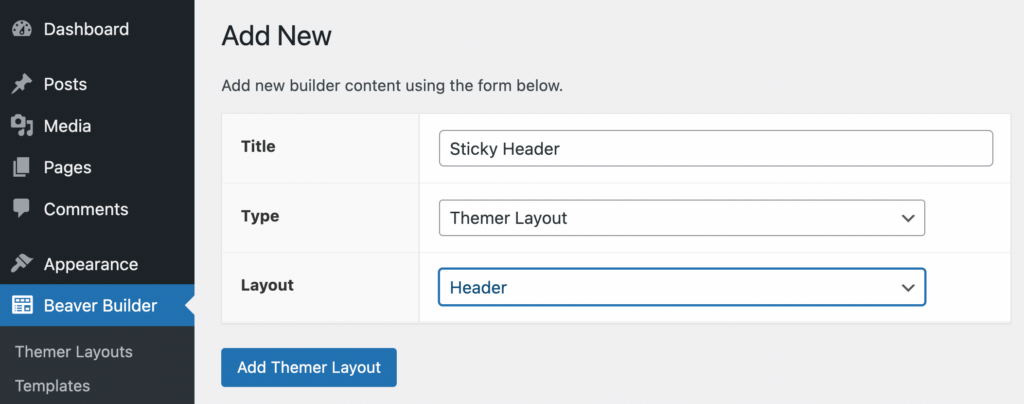Create a header themer layout