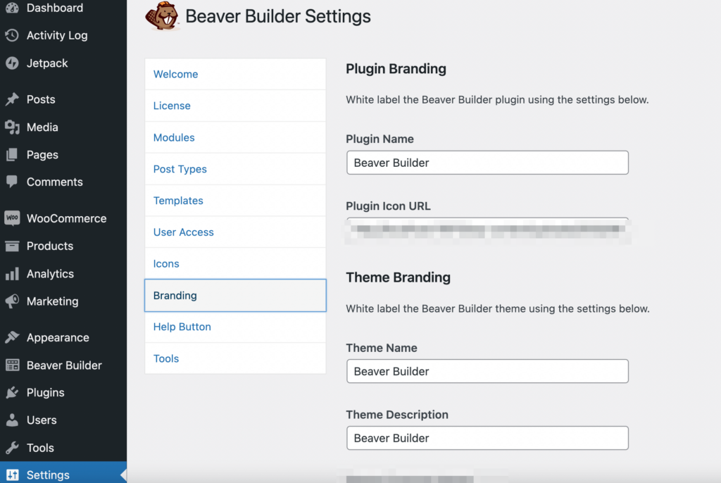 The Beaver Builder settings page. 