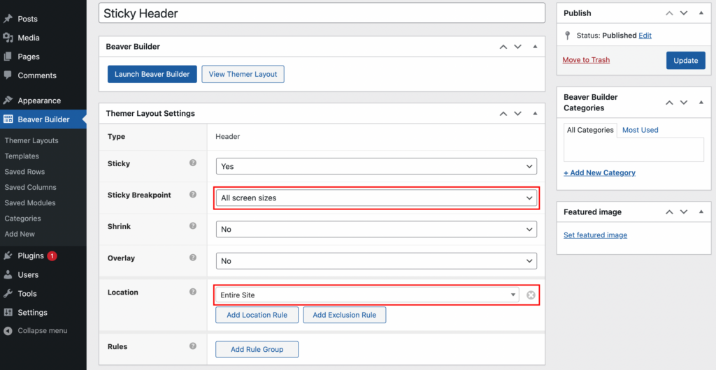 Sticky header settings