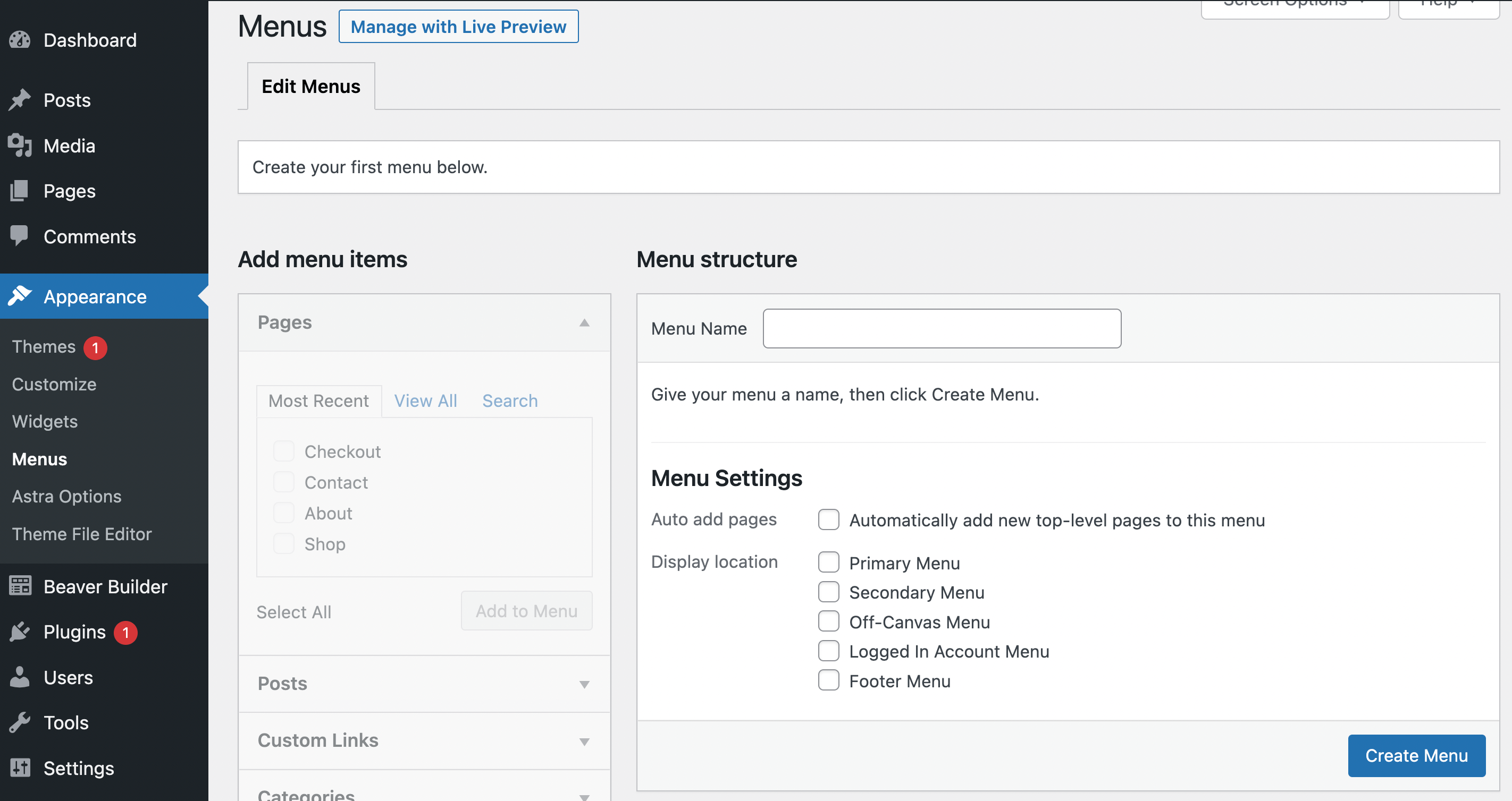 WordPress menu settings