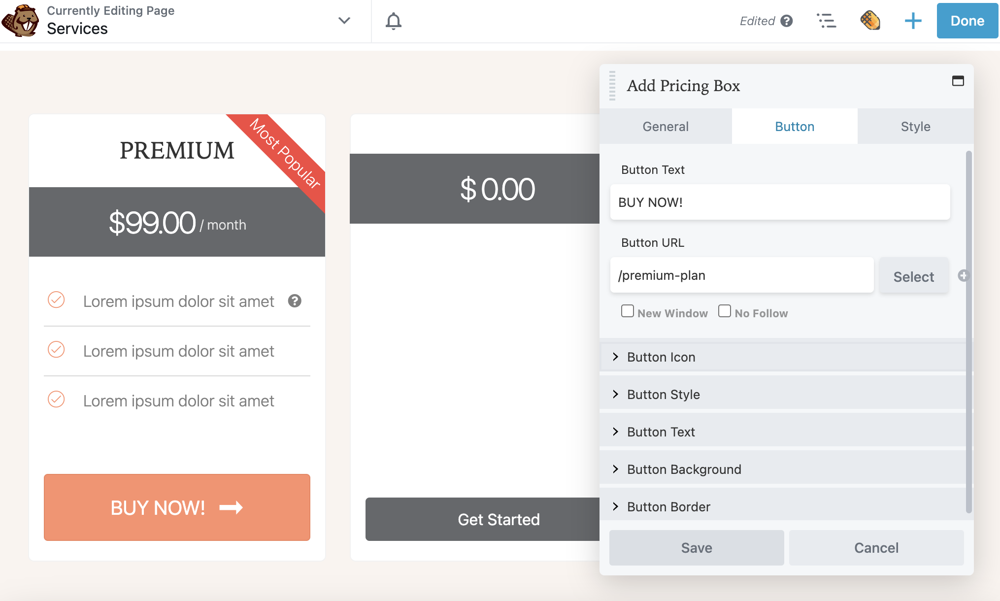 Beaver Builder pricing box button settings