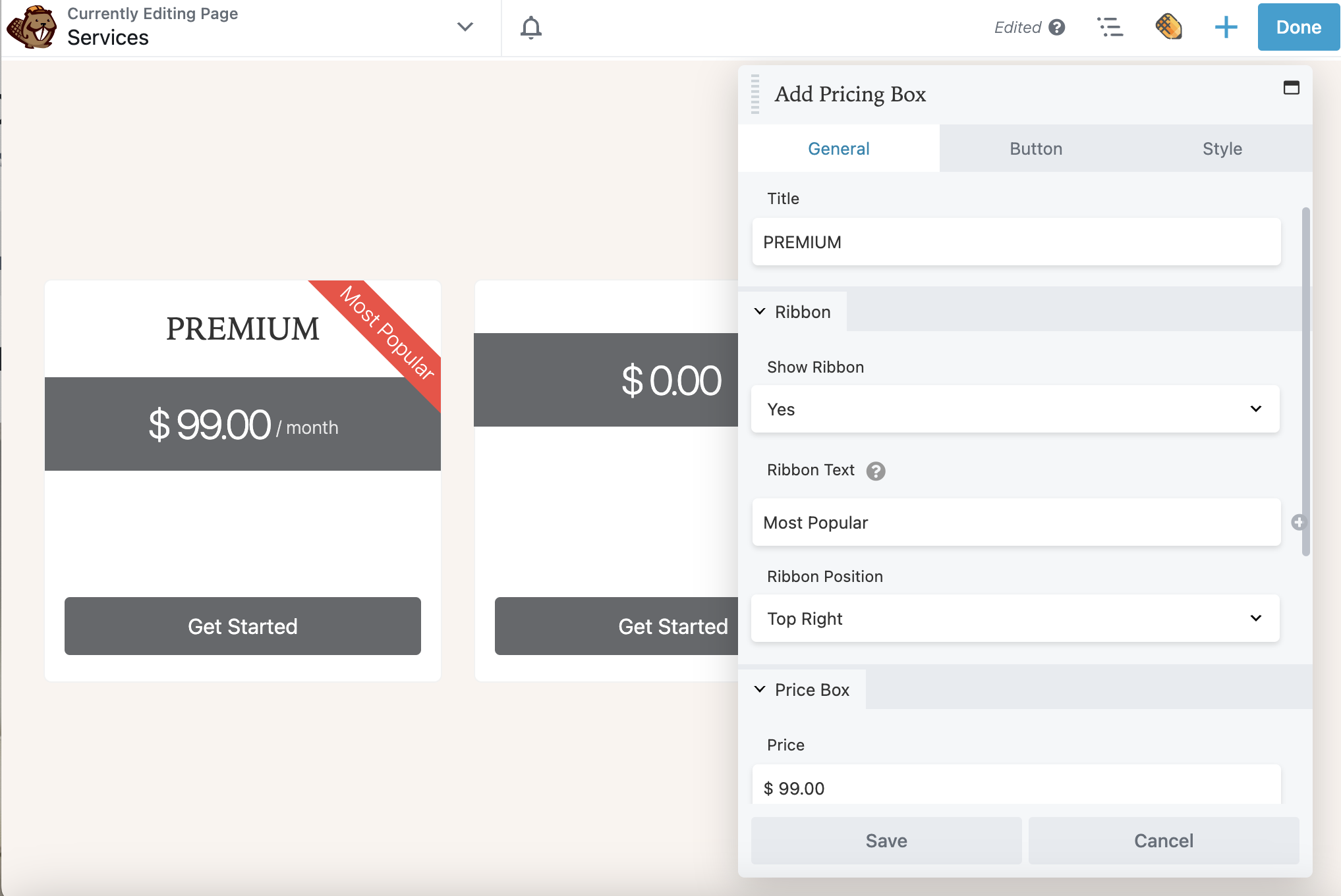 Beaver Builder Pricing Table module add pricing box general settings