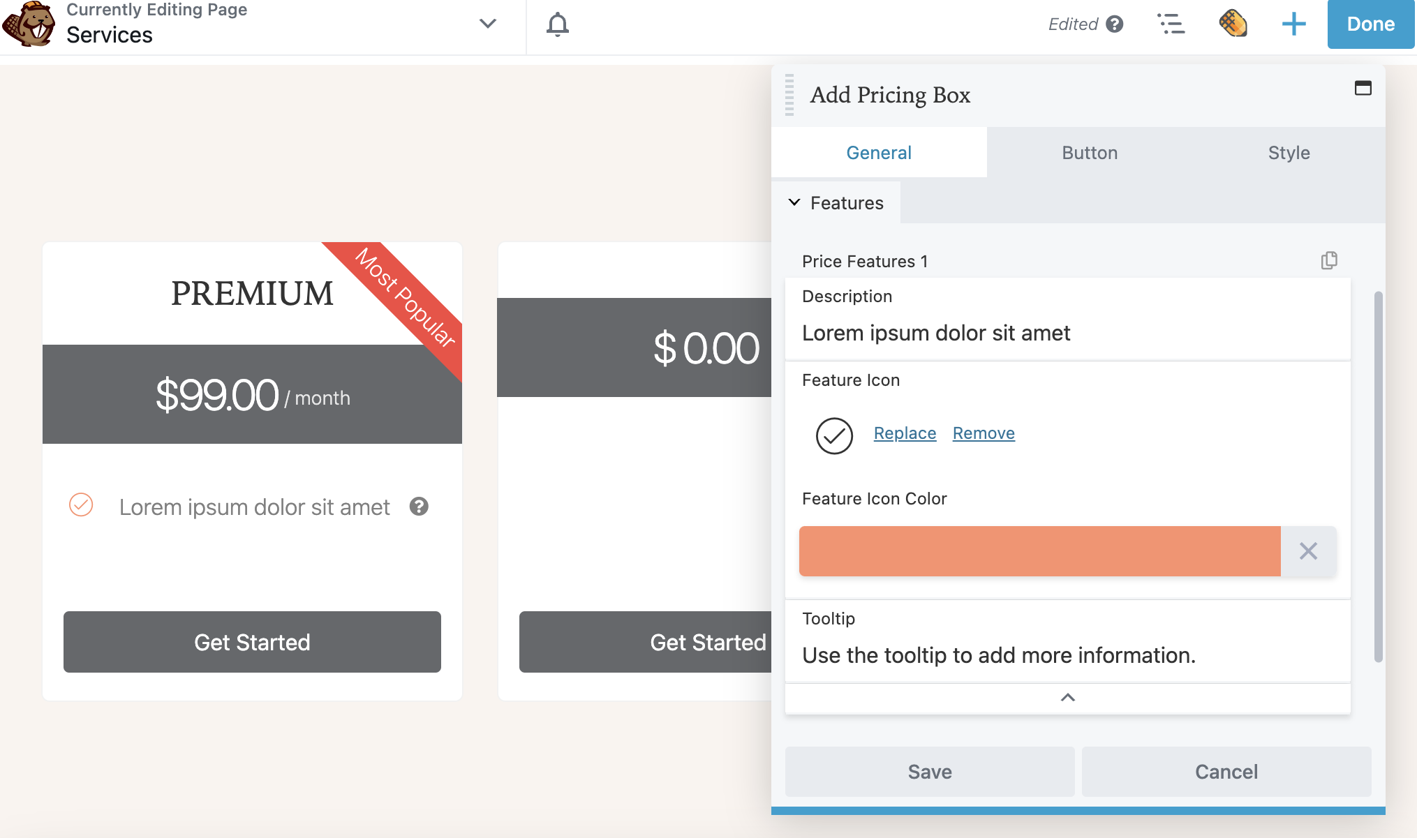 Beaver Builder Pricing Table module price features