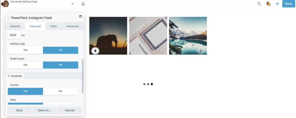 Instagram Feed Carousel settings in PowerPack Addons