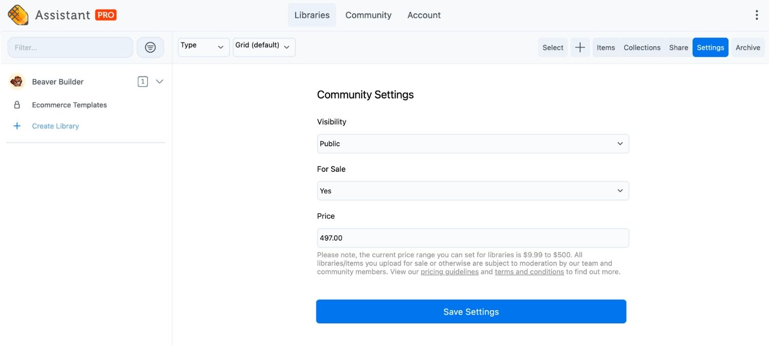 Assistant Pro Community Settings list library for sale cloud app