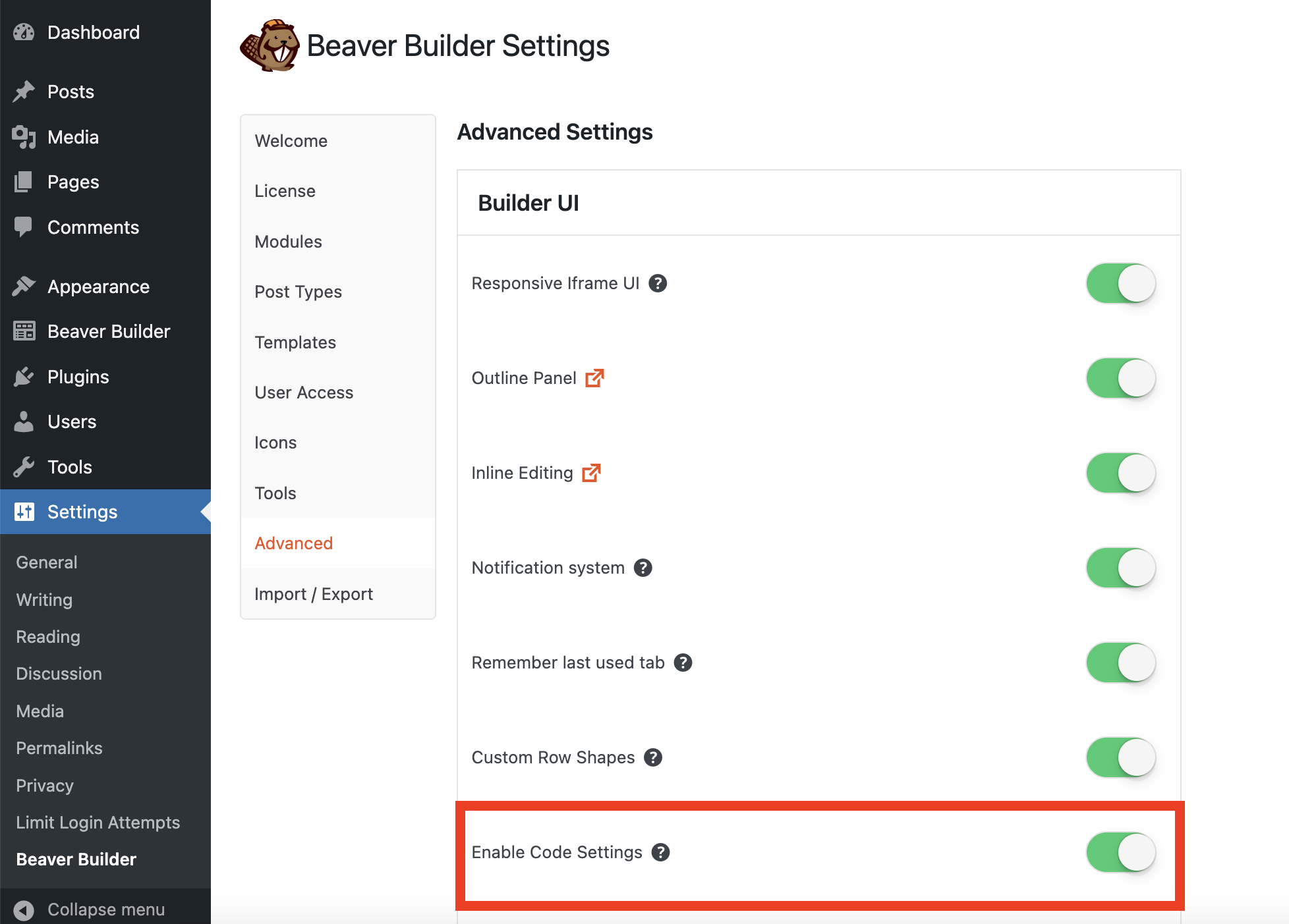 Beaver Builder 2.7 settings enable code settings