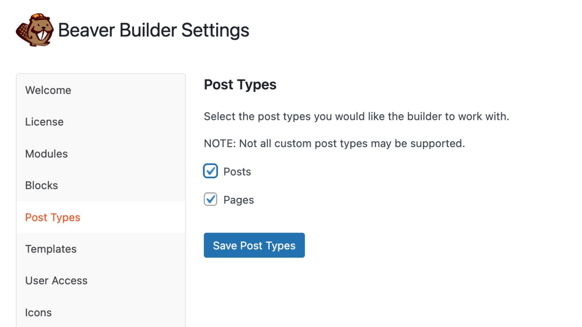 beaver builder settings post types
