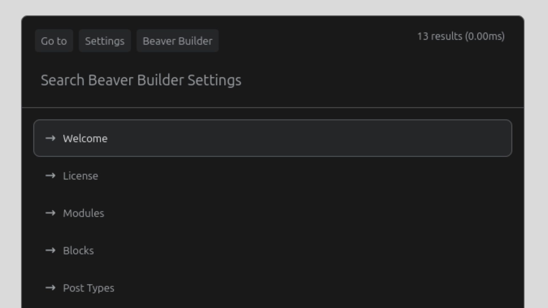 commandui search beaver builder settings