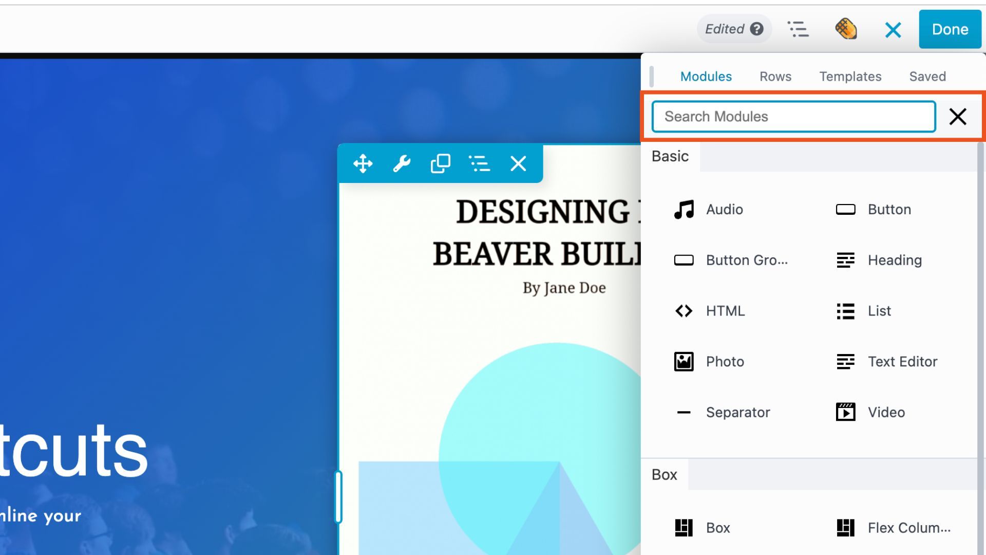 beaver builder keyboard shortcut search modules